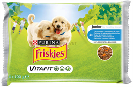 FRISKIES KUTYAELEDEL ALUTASAK 4X100G JUNIOR CSIRKE-SÁRGARÉPA SZÓSZBAN (10)